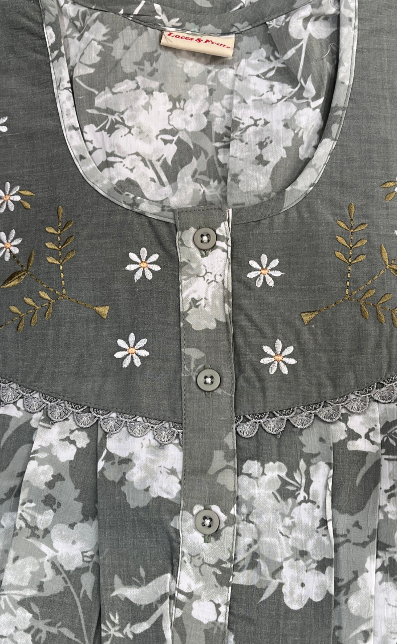 Hemlock Colour Floral Soft Crushed Cotton Nighty. Soft Breathable Fabric | Laces and Frills