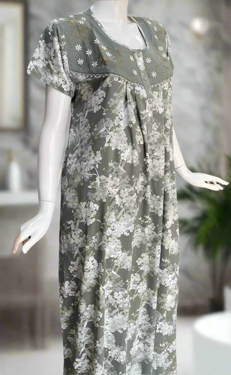 Hemlock Colour Floral Soft Crushed Cotton Nighty. Soft Breathable Fabric | Laces and Frills