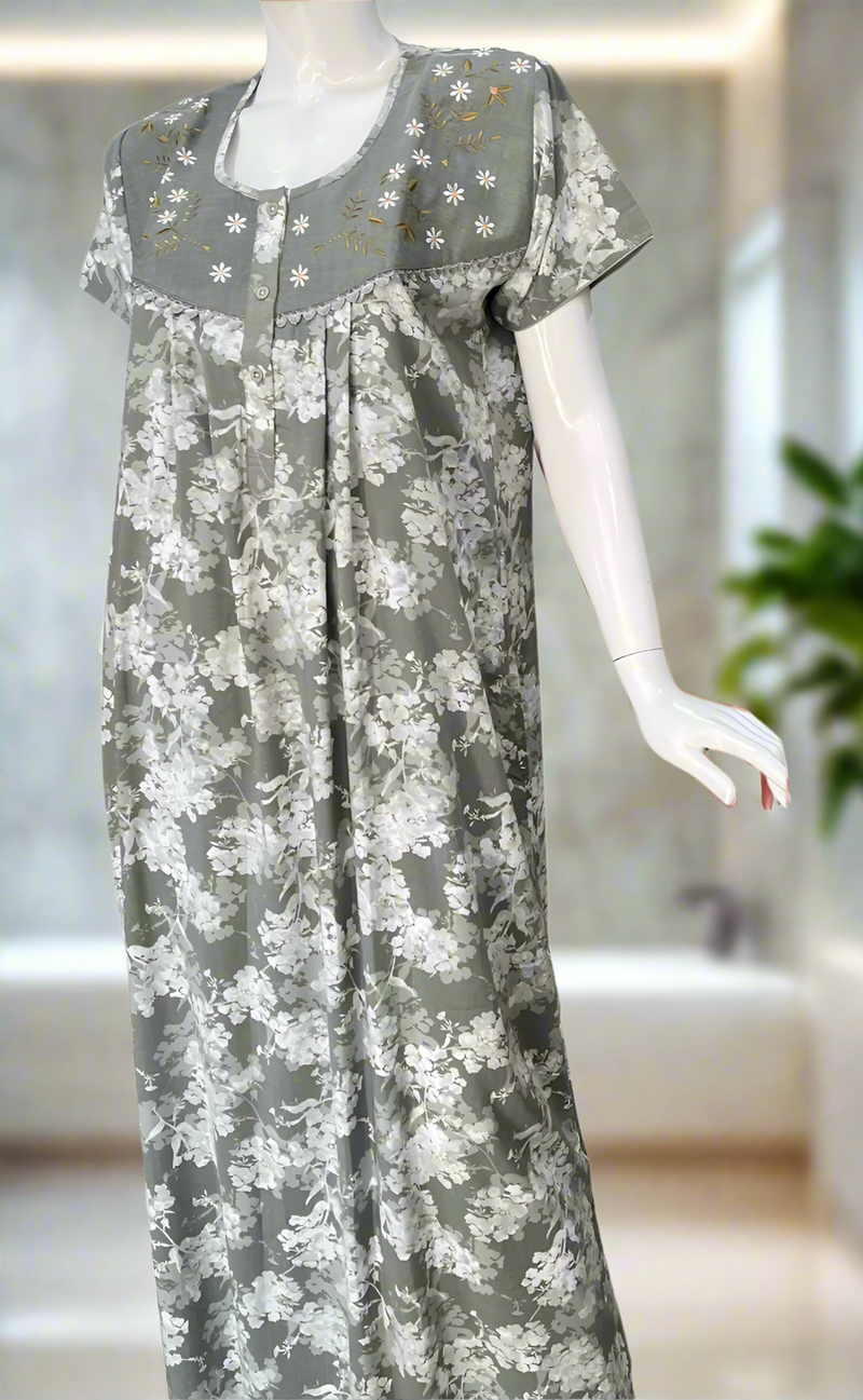 Hemlock Colour Floral Soft Crushed Cotton Nighty. Soft Breathable Fabric | Laces and Frills