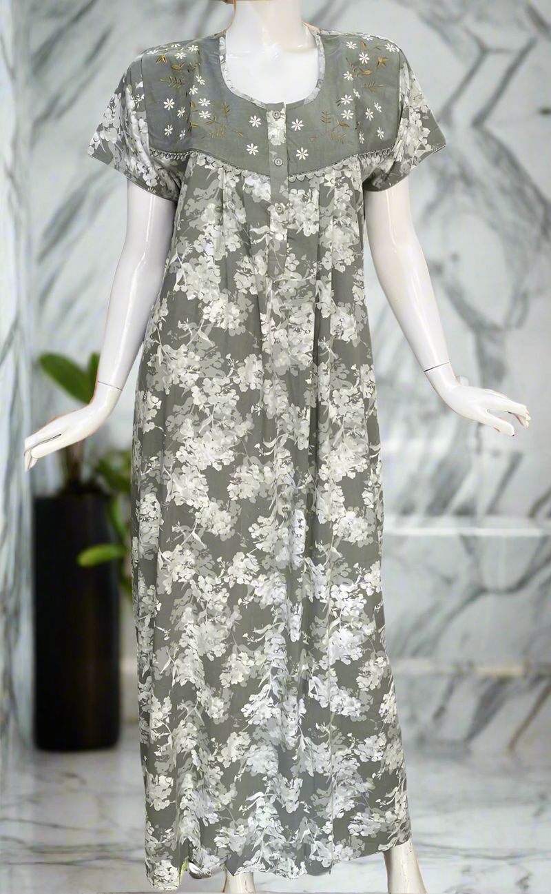 Hemlock Colour Floral Soft Crushed Cotton Nighty. Soft Breathable Fabric | Laces and Frills