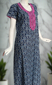 Navy Blue Floral Pure Cotton Nighty. Pure Durable Cotton | Laces and Frills