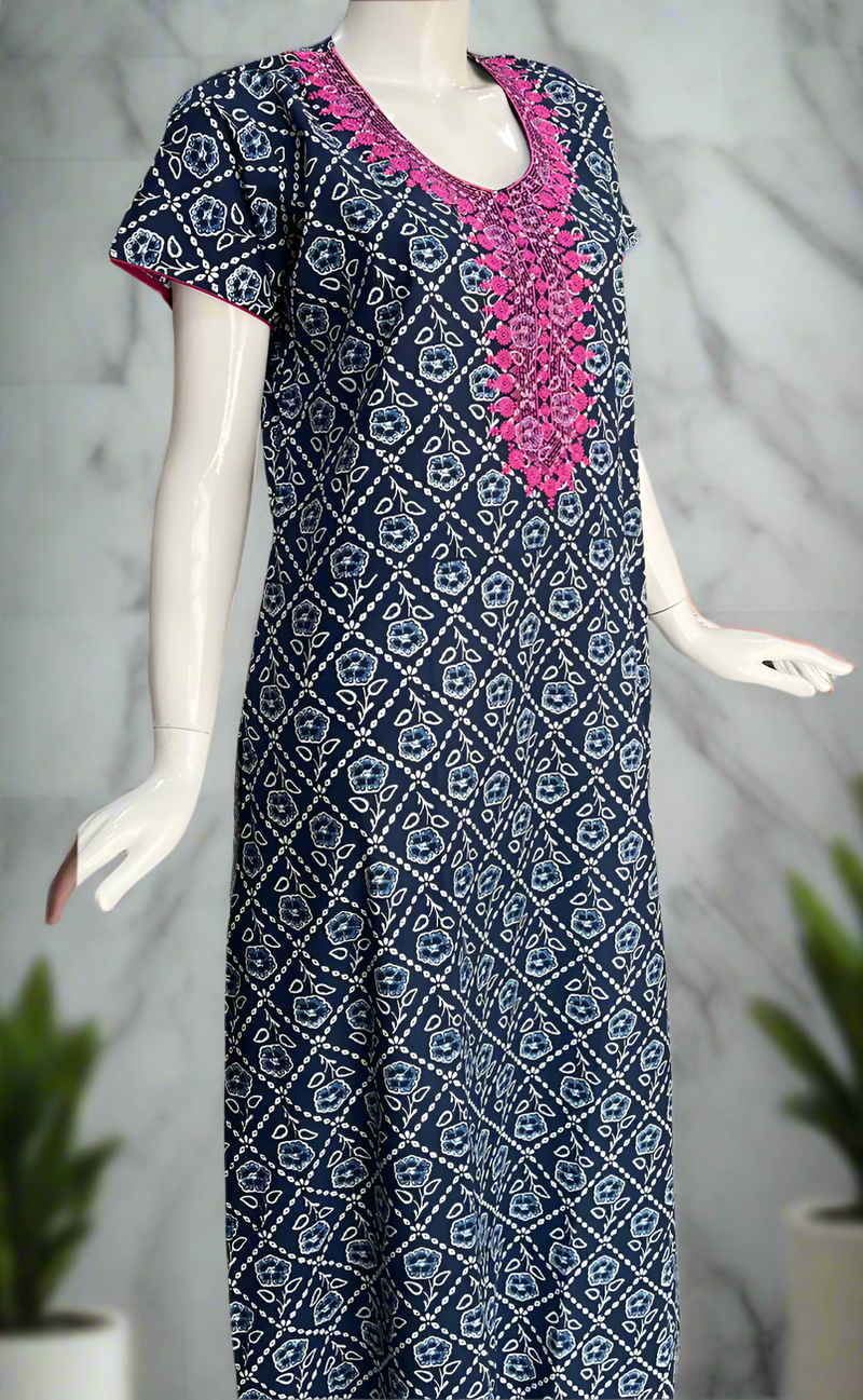 Navy Blue Floral Pure Cotton Nighty. Pure Durable Cotton | Laces and Frills