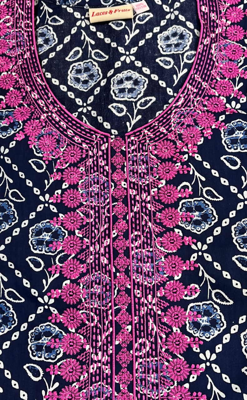 Navy Blue Floral Pure Cotton Nighty. Pure Durable Cotton | Laces and Frills