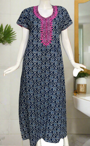 Navy Blue Floral Pure Cotton Nighty. Pure Durable Cotton | Laces and Frills