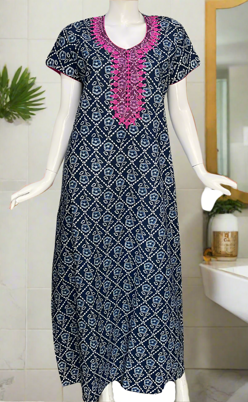 Navy Blue Floral Pure Cotton Nighty. Pure Durable Cotton | Laces and Frills