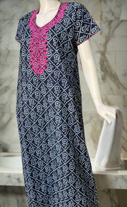 Navy Blue Floral Pure Cotton Nighty. Pure Durable Cotton | Laces and Frills