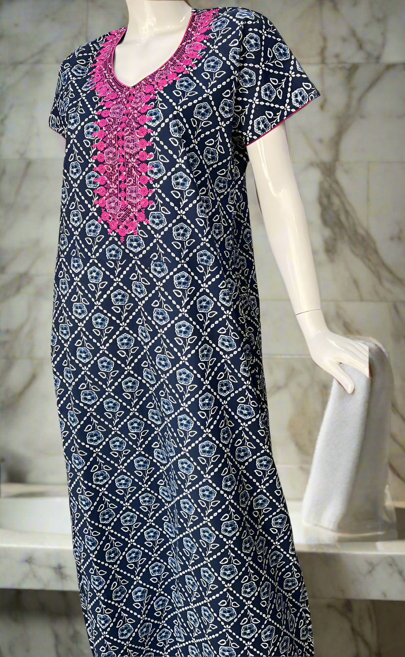 Navy Blue Floral Pure Cotton Nighty. Pure Durable Cotton | Laces and Frills