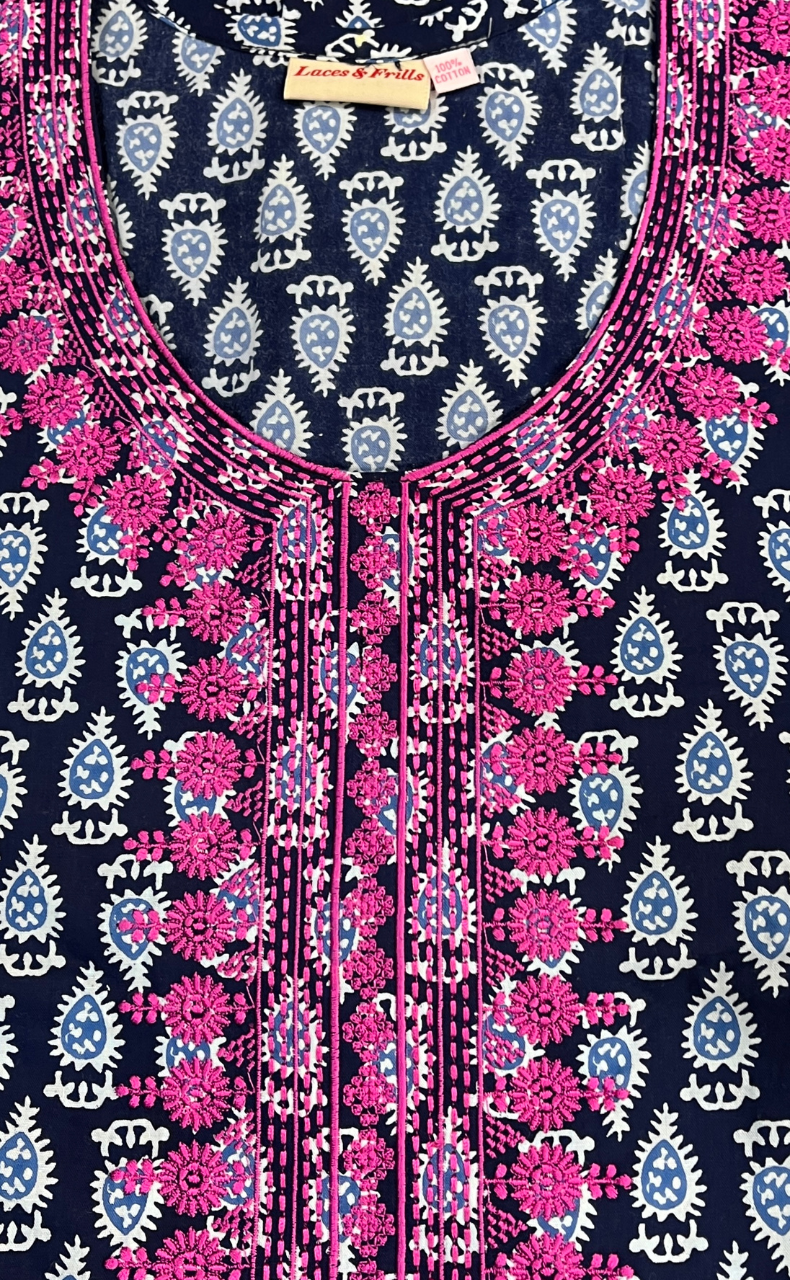 Navy Blue Floral Pure Cotton Nighty. Pure Durable Cotton | Laces and Frills