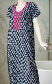 Navy Blue Floral Pure Cotton Nighty. Pure Durable Cotton | Laces and Frills