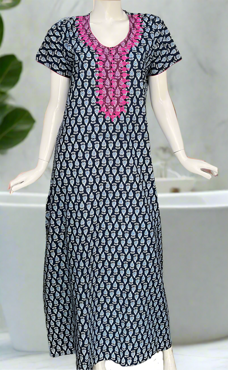 Navy Blue Floral Pure Cotton Nighty. Pure Durable Cotton | Laces and Frills