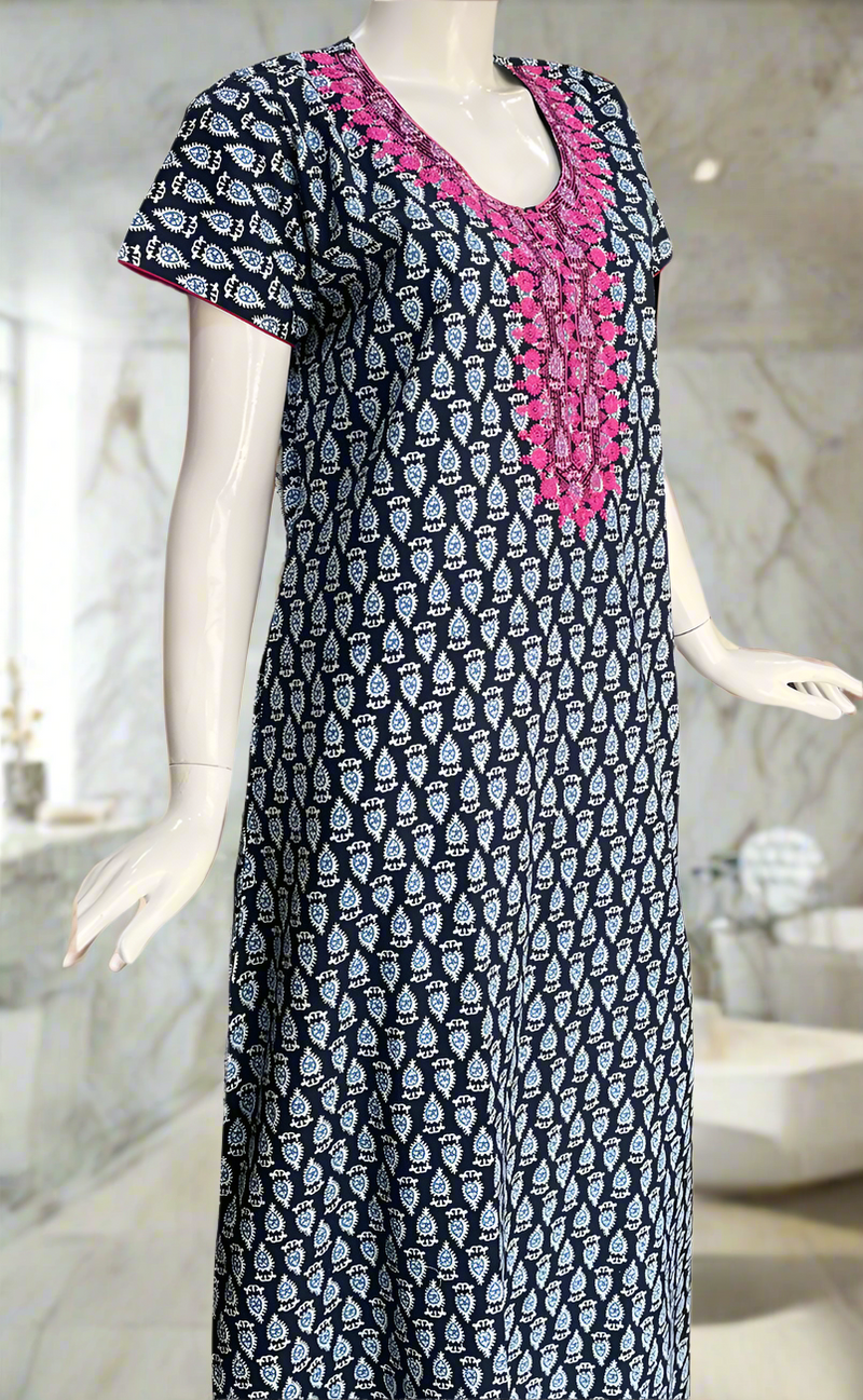 Navy Blue Floral Pure Cotton Nighty. Pure Durable Cotton | Laces and Frills