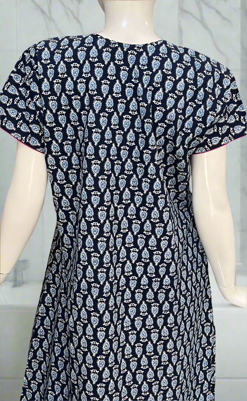 Navy Blue Floral Pure Cotton Nighty. Pure Durable Cotton | Laces and Frills