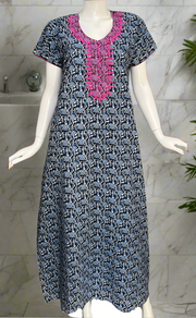 Navy Blue Floral Pure Cotton Nighty. Pure Durable Cotton | Laces and Frills
