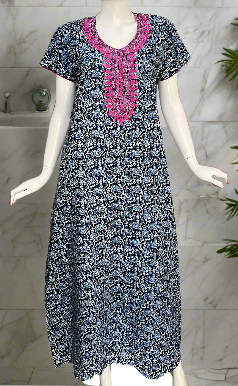 Navy Blue Floral Pure Cotton Nighty. Pure Durable Cotton | Laces and Frills
