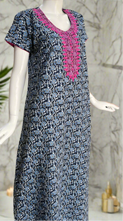 Navy Blue Floral Pure Cotton Nighty. Pure Durable Cotton | Laces and Frills