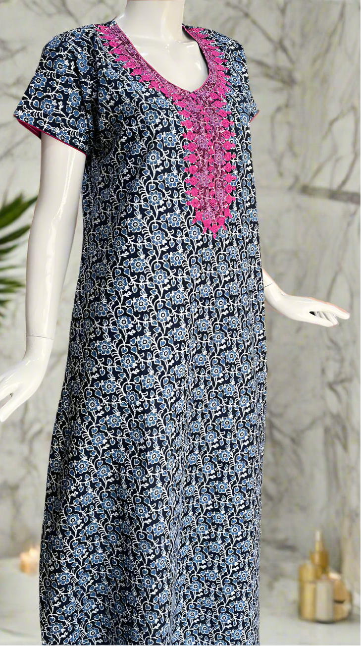 Navy Blue Floral Pure Cotton Nighty. Pure Durable Cotton | Laces and Frills