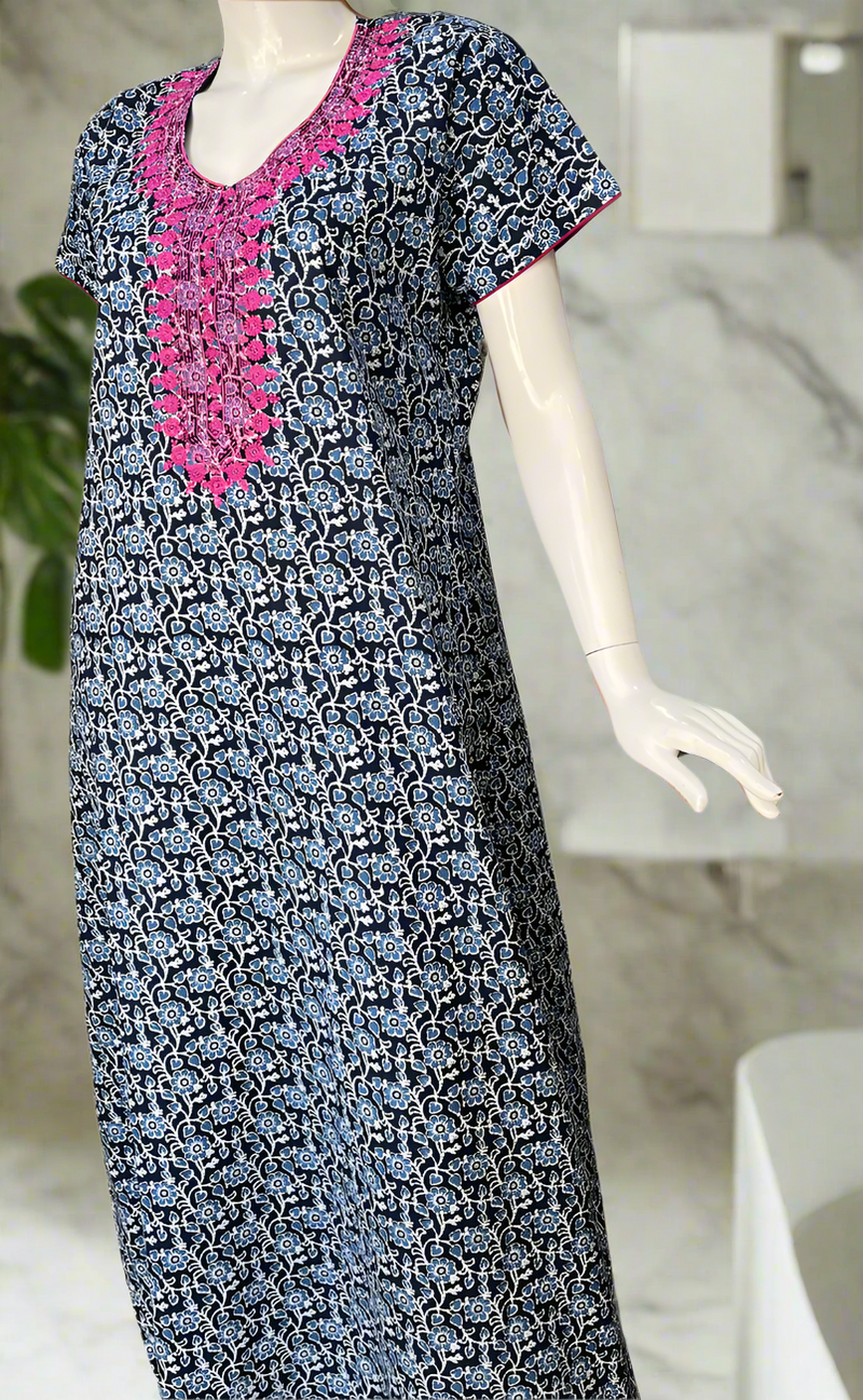 Navy Blue Floral Pure Cotton Nighty. Pure Durable Cotton | Laces and Frills