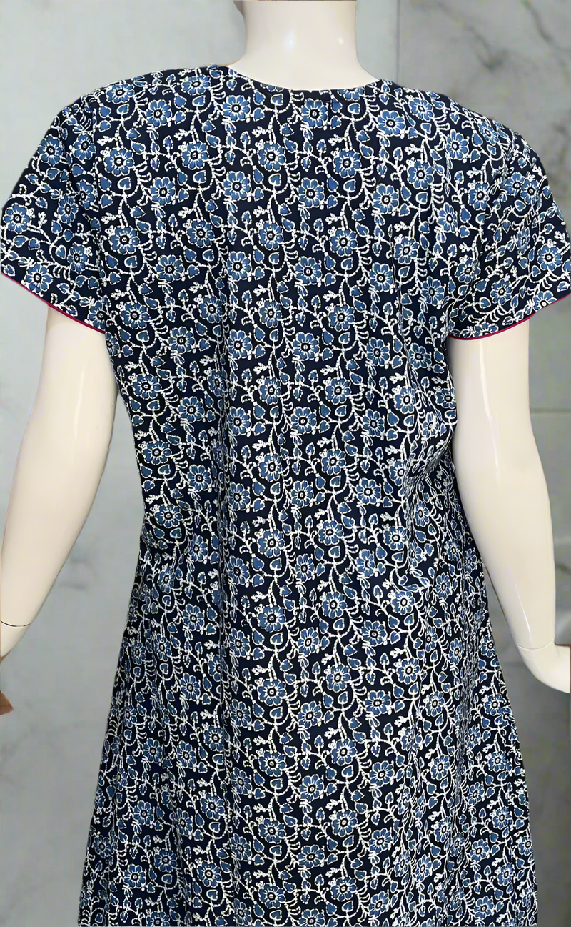 Navy Blue Floral Pure Cotton Nighty. Pure Durable Cotton | Laces and Frills