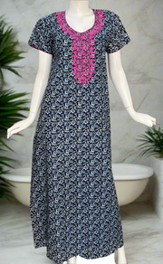 Navy Blue Floral Pure Cotton Nighty. Pure Durable Cotton | Laces and Frills