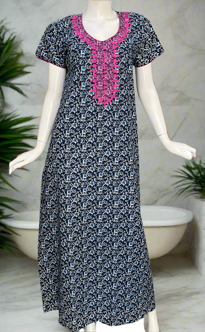 Navy Blue Floral Pure Cotton Nighty. Pure Durable Cotton | Laces and Frills