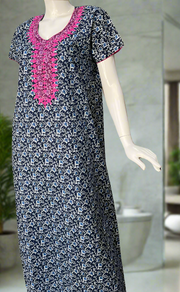 Navy Blue Floral Pure Cotton Nighty. Pure Durable Cotton | Laces and Frills