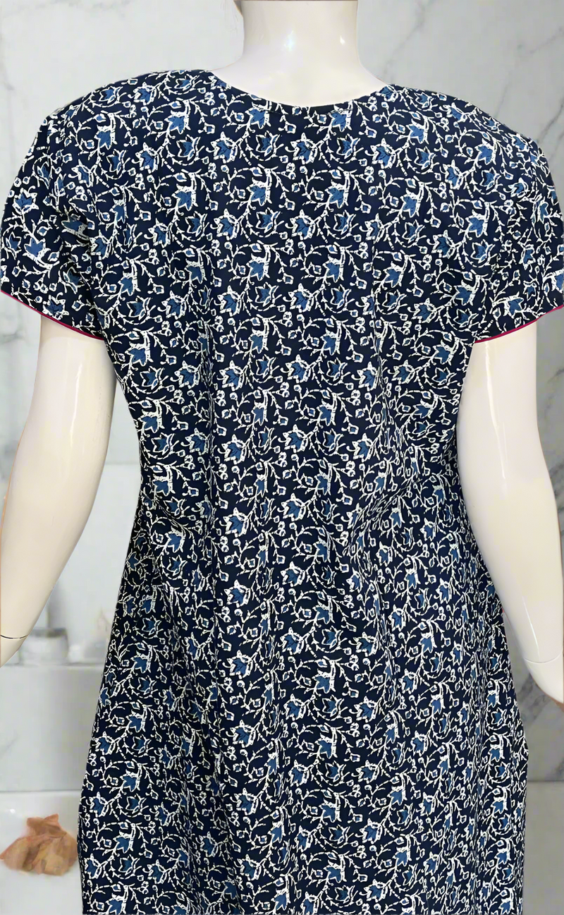 Navy Blue Floral Pure Cotton Nighty. Pure Durable Cotton | Laces and Frills
