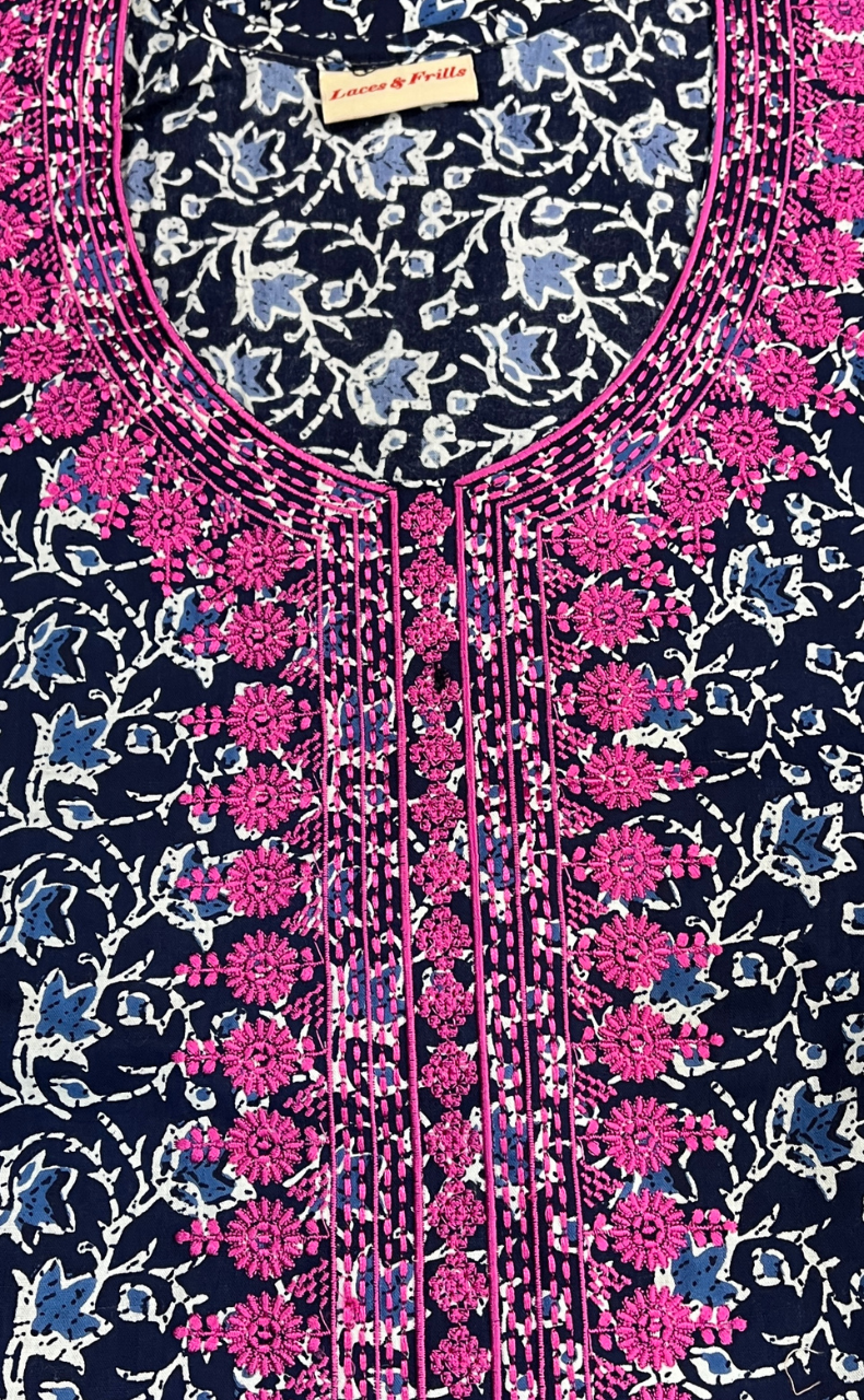 Navy Blue Floral Pure Cotton Nighty. Pure Durable Cotton | Laces and Frills