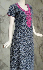 Navy Blue Floral Pure Cotton Nighty. Pure Durable Cotton | Laces and Frills