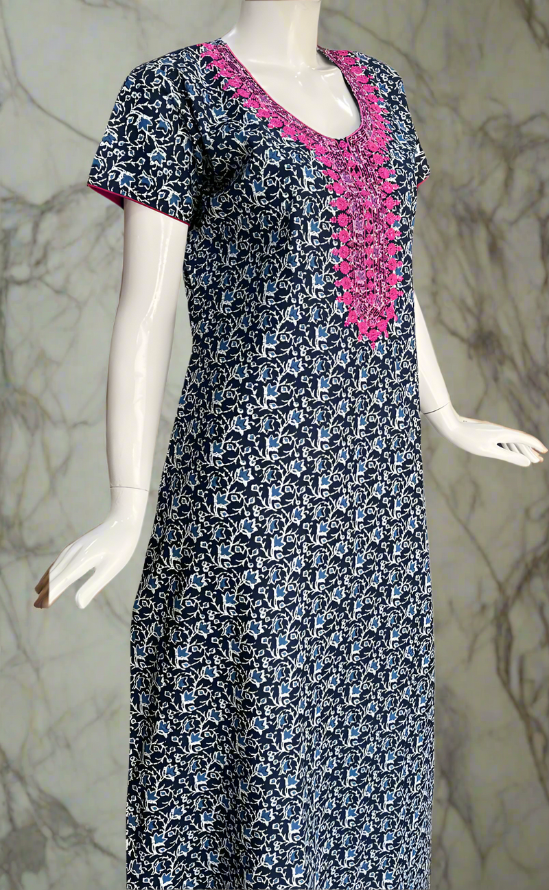 Navy Blue Floral Pure Cotton Nighty. Pure Durable Cotton | Laces and Frills