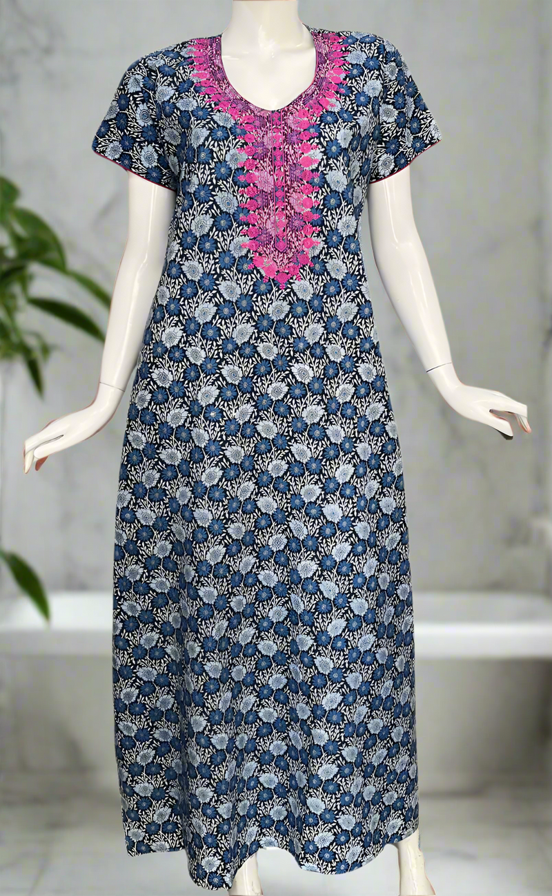 Navy Blue Floral Pure Cotton Nighty. Pure Durable Cotton | Laces and Frills
