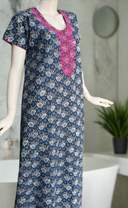 Navy Blue Floral Pure Cotton Nighty. Pure Durable Cotton | Laces and Frills