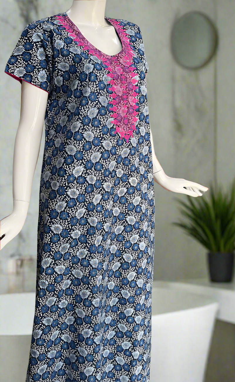 Navy Blue Floral Pure Cotton Nighty. Pure Durable Cotton | Laces and Frills