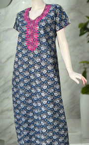 Navy Blue Floral Pure Cotton Nighty. Pure Durable Cotton | Laces and Frills