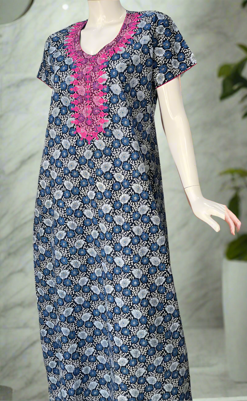 Navy Blue Floral Pure Cotton Nighty. Pure Durable Cotton | Laces and Frills