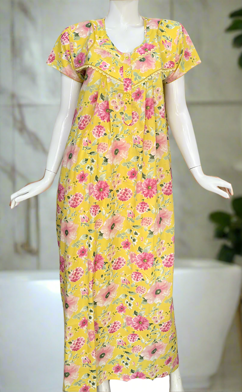 Yellow Garden Pure Cotton Nighty. Pure Durable Cotton | Laces and Frills