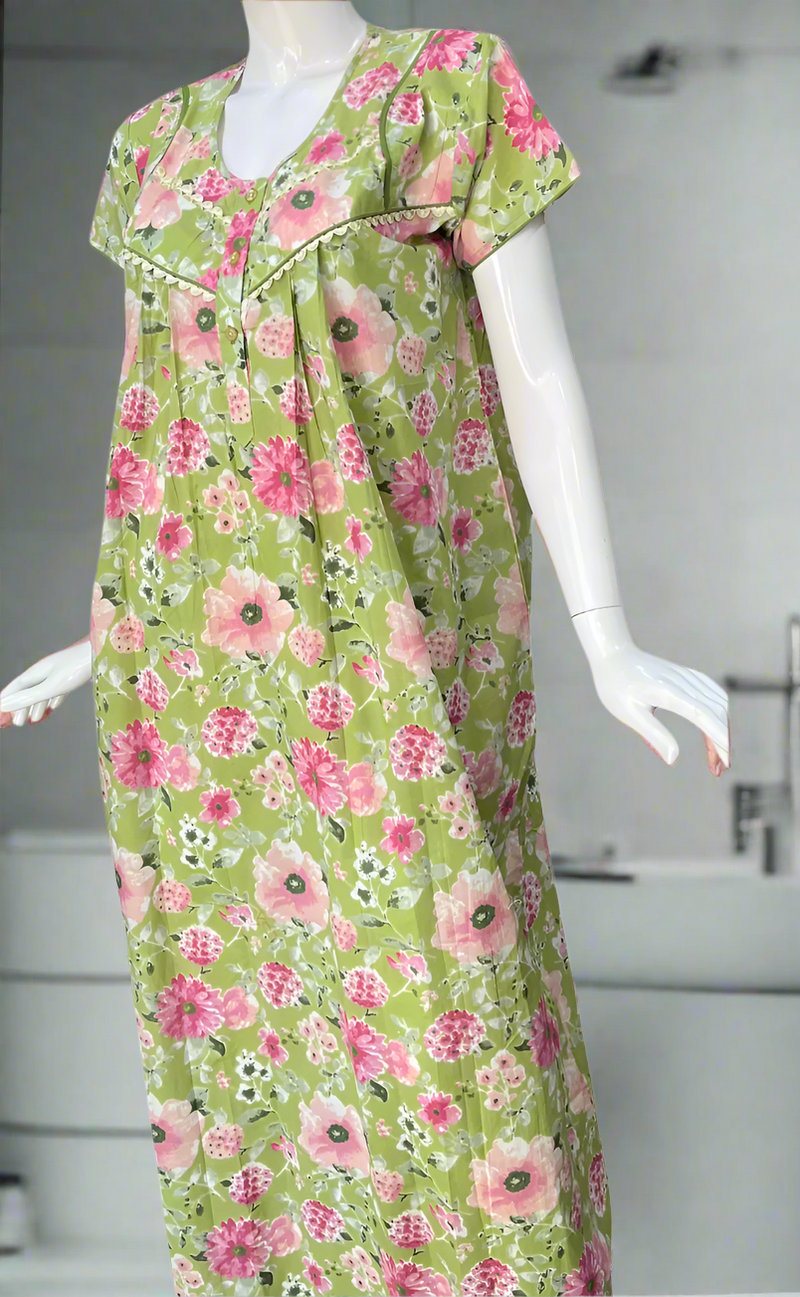 Green Garden Pure Cotton Nighty. Pure Durable Cotton | Laces and Frills