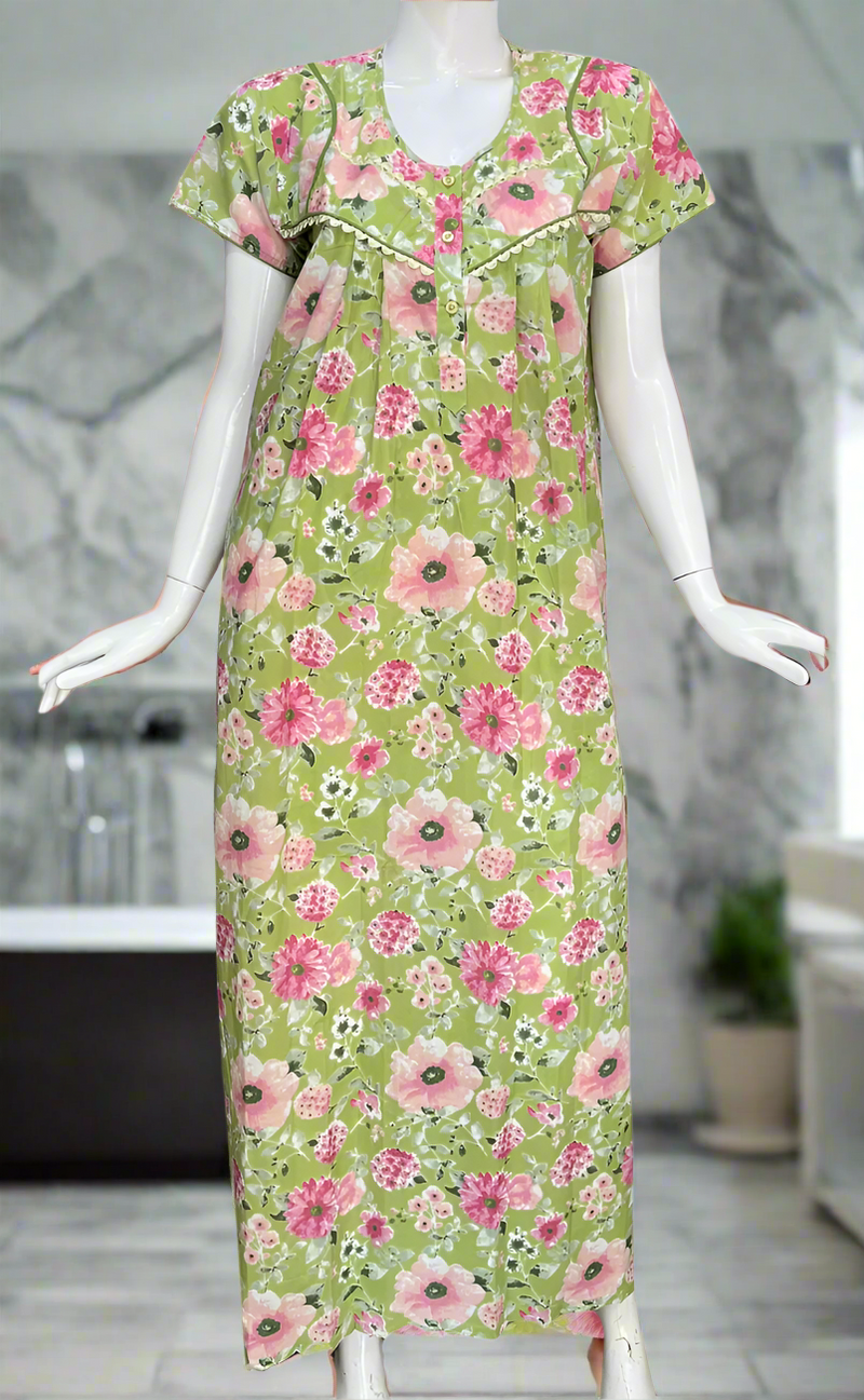 Green Garden Pure Cotton Nighty. Pure Durable Cotton | Laces and Frills