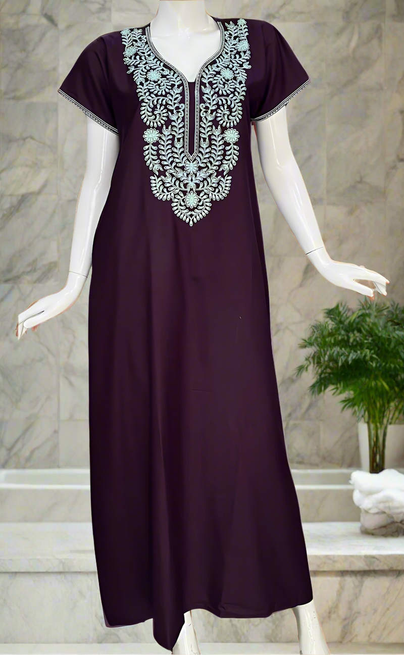 Violet Embroidery Spun Nighty. Flowy Spun Fabric | Laces and Frills