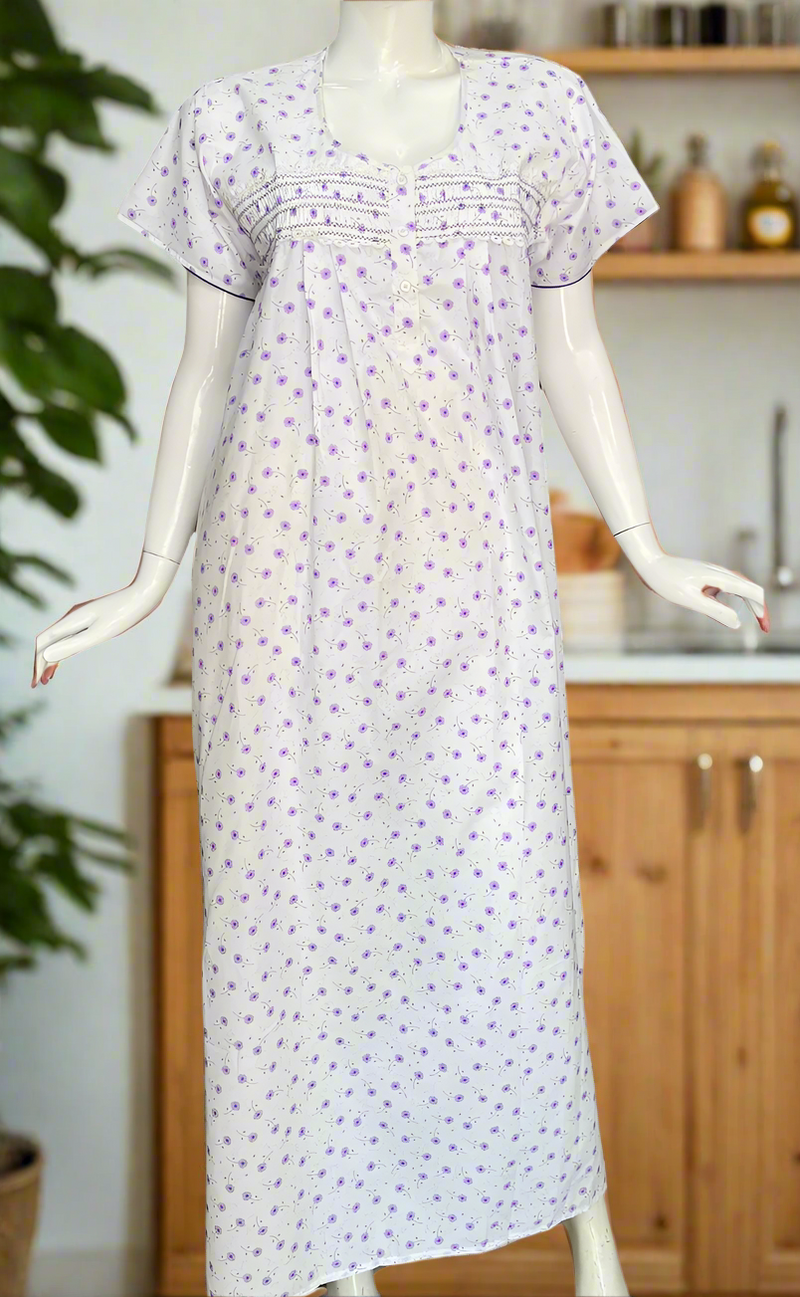 White/Purple Boutique Cotton Nighty . Pure Durable Cotton | Laces and Frills
