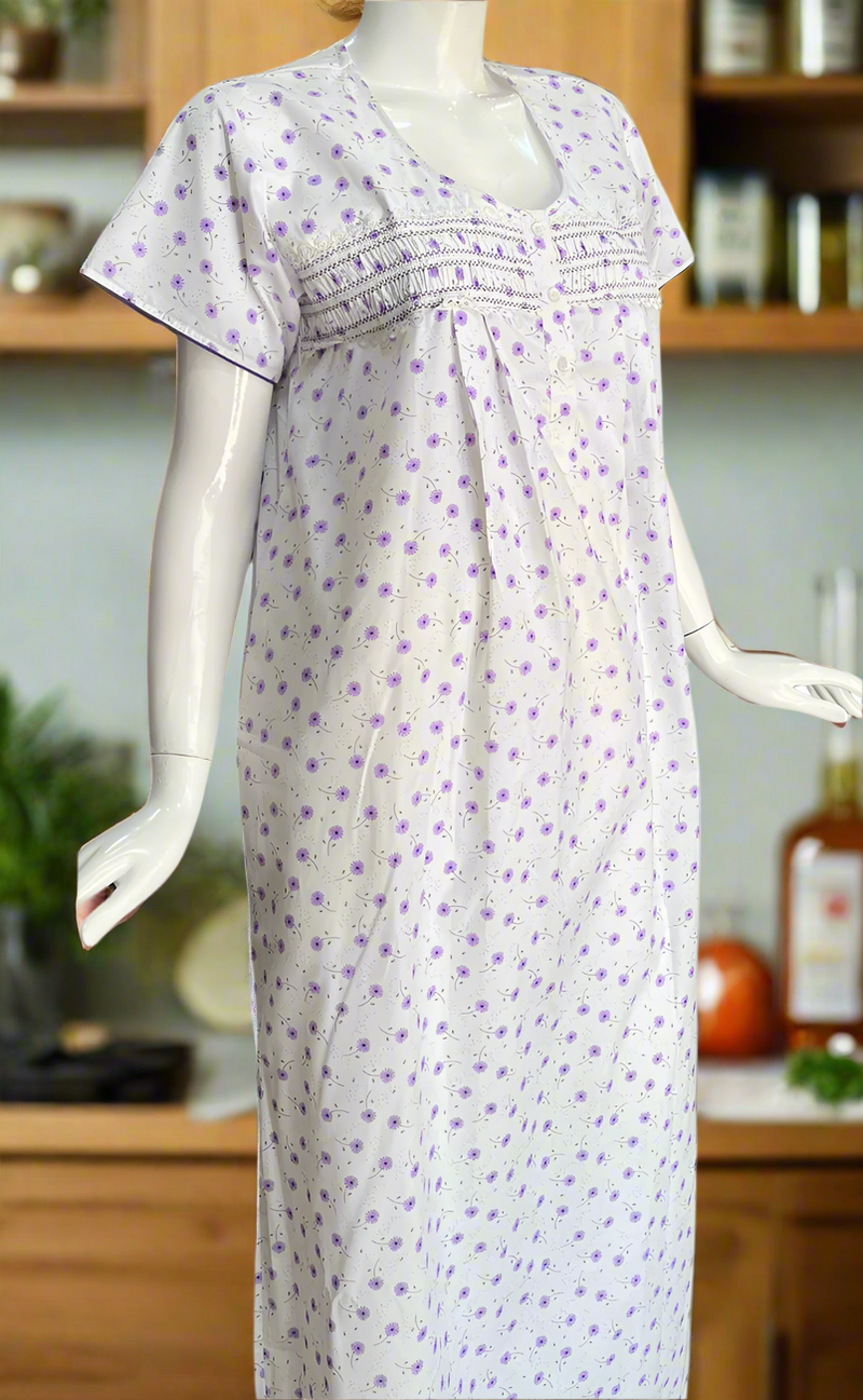 White/Purple Boutique Cotton Nighty . Pure Durable Cotton | Laces and Frills