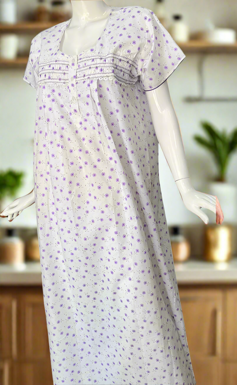 White/Purple Boutique Cotton Nighty . Pure Durable Cotton | Laces and Frills