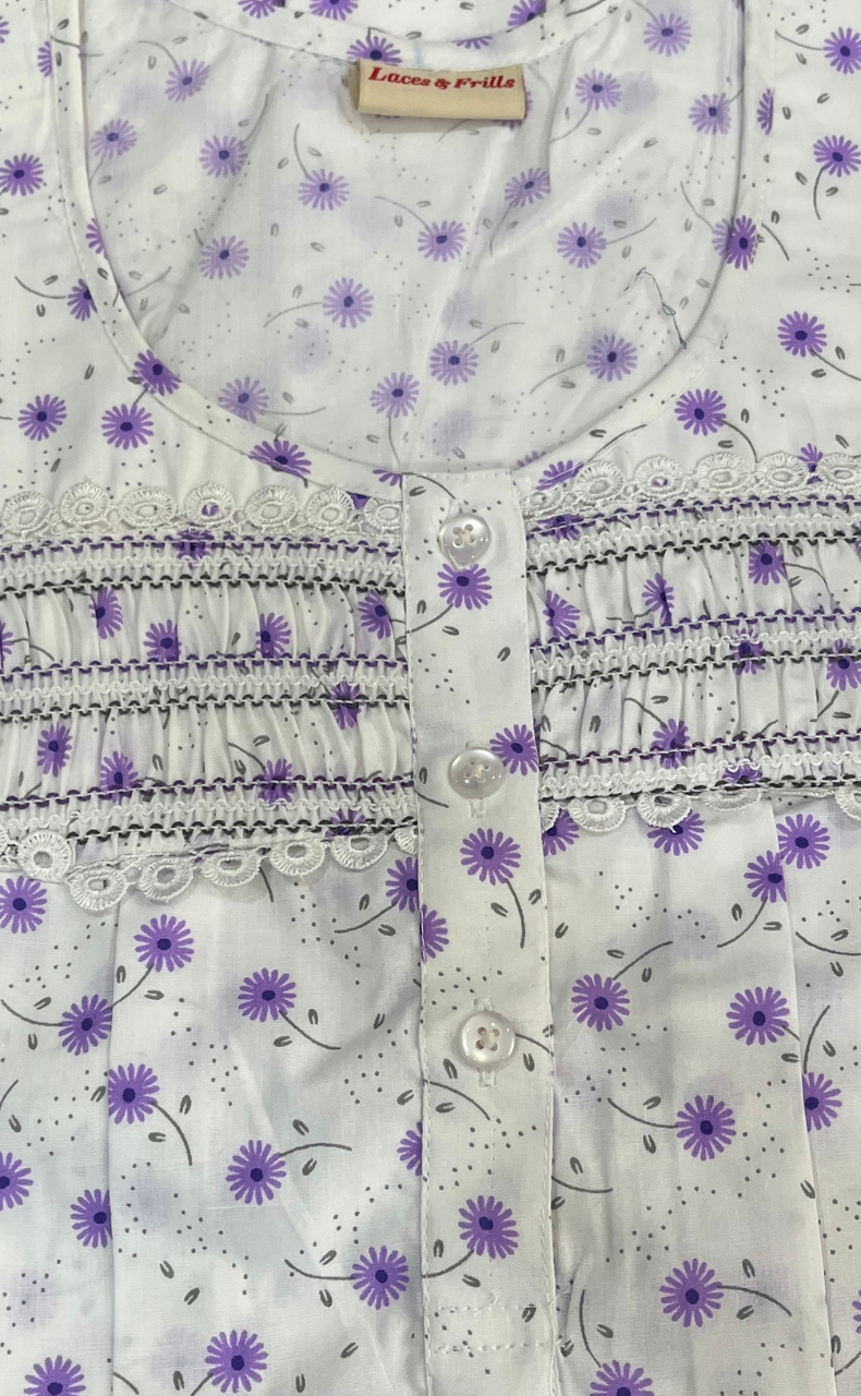 White/Purple Boutique Cotton Nighty . Pure Durable Cotton | Laces and Frills