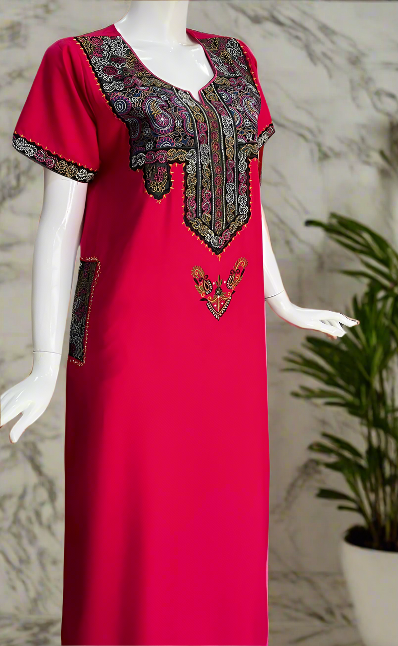 Rani Pink Embroidery Soft Cotton Nighty. Soft Breathable Fabric | Laces and Frills