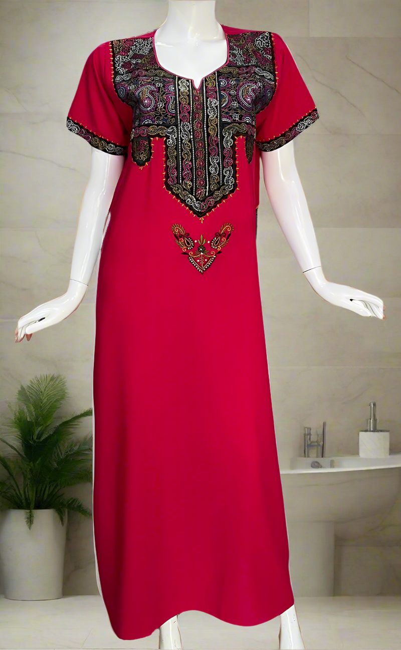 Rani Pink Embroidery Soft Cotton Nighty. Soft Breathable Fabric | Laces and Frills