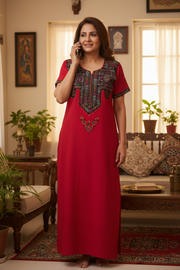 Pink Bhopali Embroidery Soft Cotton Nighty. Soft Breathable Fabric | Laces and Frills - Laces and Frills
