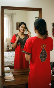 Red Bhopali  Embroidery Soft Cotton Nighty. Soft Breathable Fabric | Laces and Frills - Laces and Frills