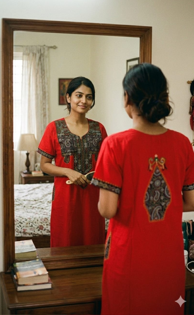 Red Bhopali  Embroidery Soft Cotton Nighty. Soft Breathable Fabric | Laces and Frills - Laces and Frills
