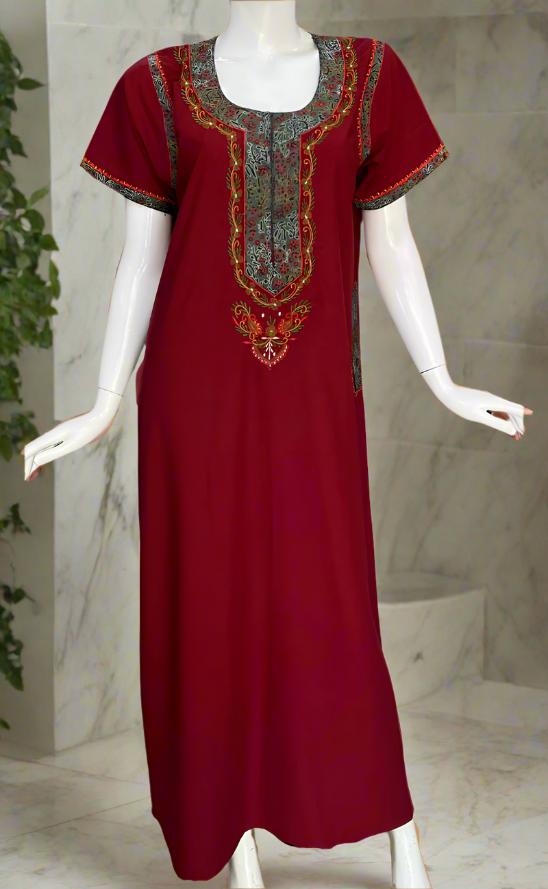Maroon Embroidery Soft Cotton Nighty. Soft Breathable Fabric | Laces and Frills