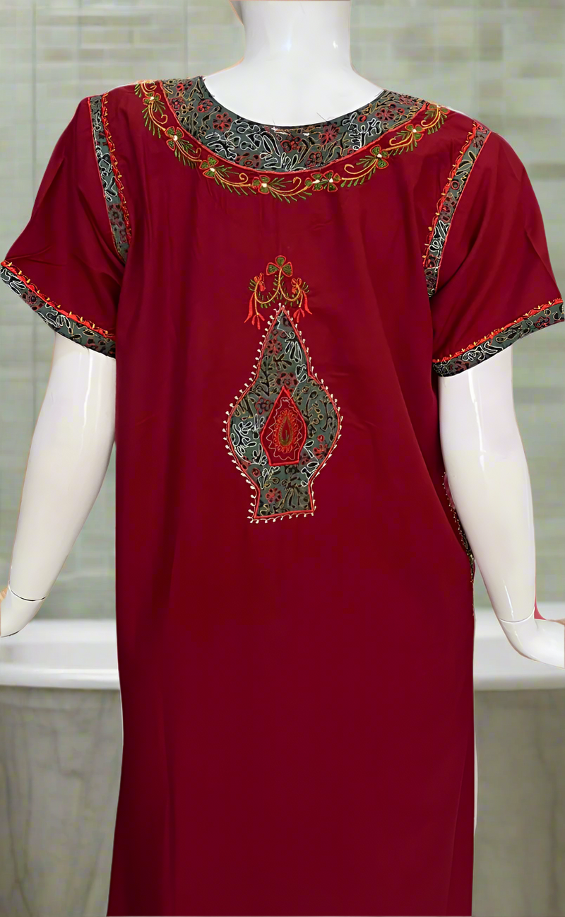 Maroon Embroidery Soft Cotton Nighty. Soft Breathable Fabric | Laces and Frills