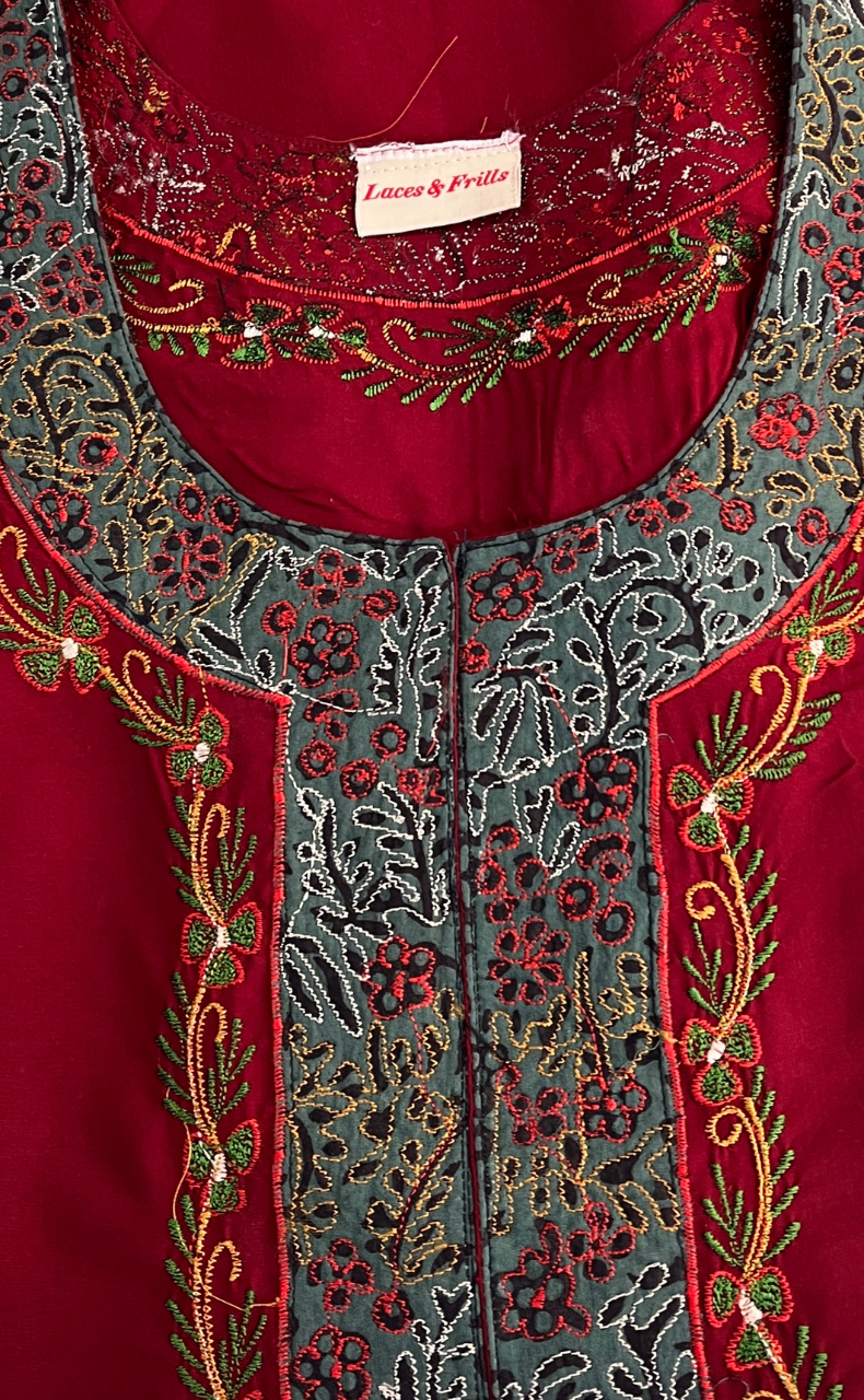 Maroon Embroidery Soft Cotton Nighty. Soft Breathable Fabric | Laces and Frills